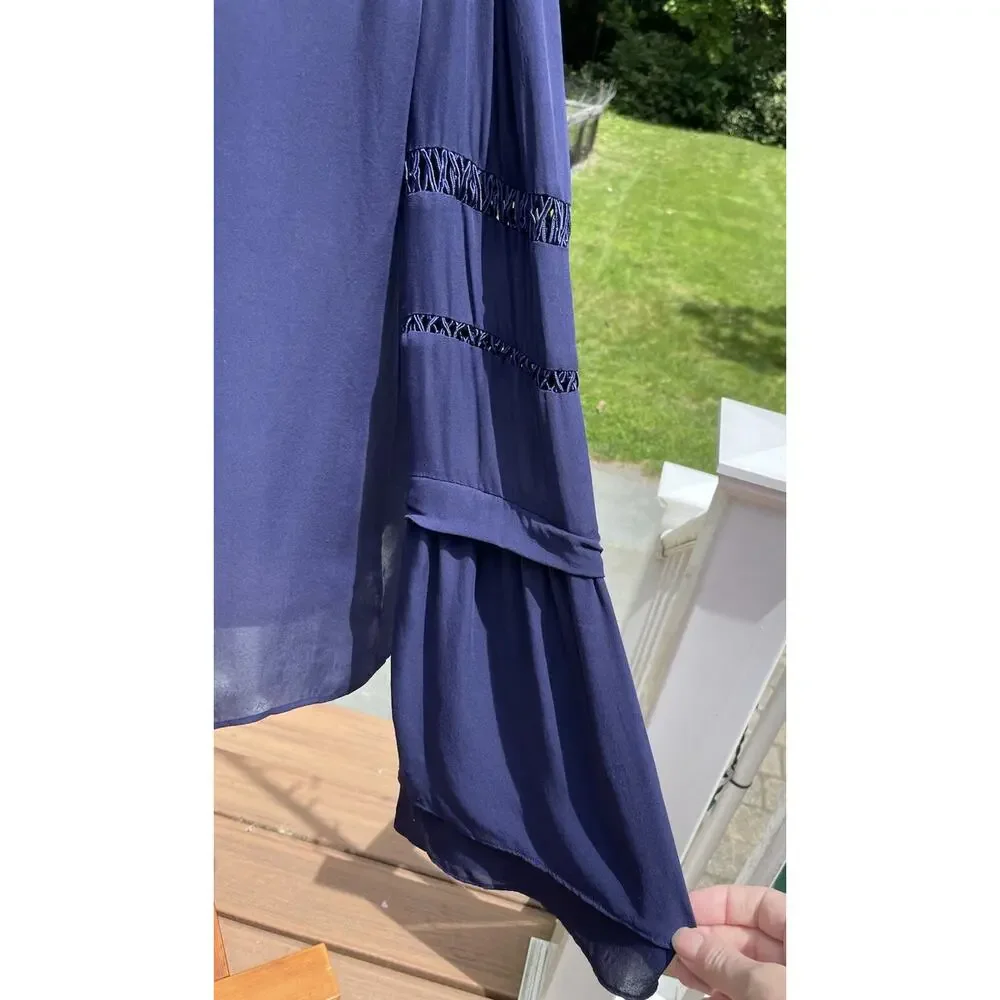 Parker Women 100% Silk Blouse Round Neck Tiered Sleeves Career Wear Navy Blue S - Picture 3 of 11